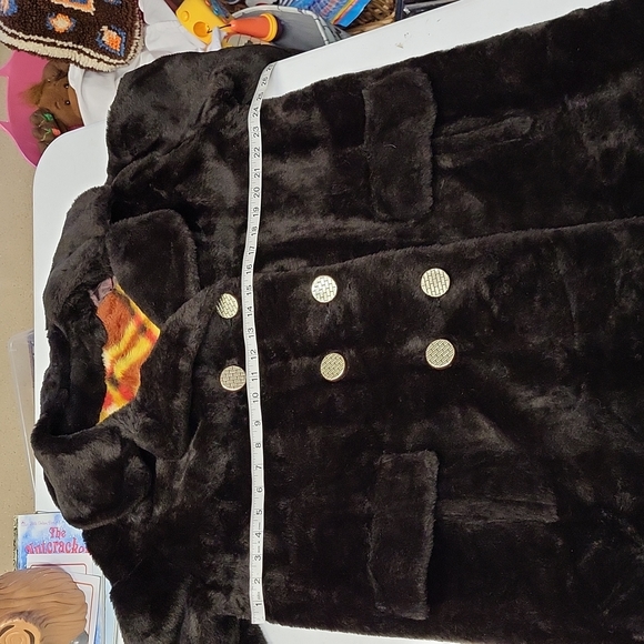 Vintage Carol Brent Faux Fur Pea Coat Gold Buttons Funky Printed Lining Size 2X - Picture 12 of 14